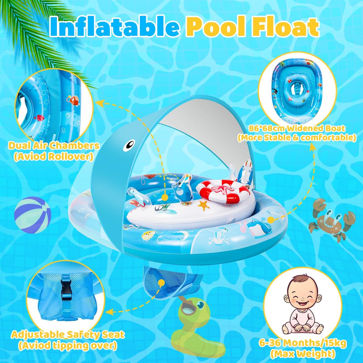 Inflatable Pool Float, ACELIFE Swimming Float with Adjustable Safety Seat | Swimming Pool Float Swimming Ring Dual Airbag Safe Design