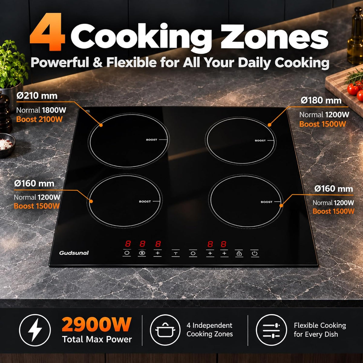 Plug in Induction Hob,4 Zone Electric Hob,Scratch-Resistant Glass