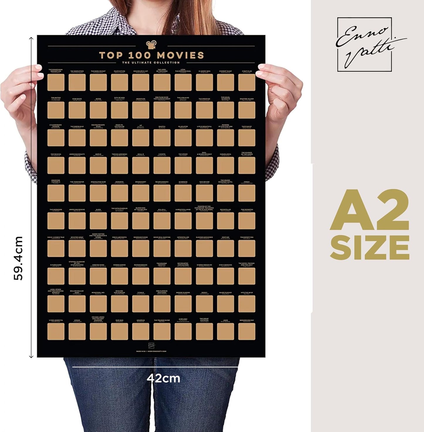 Enno Vatti |100 Movies Scratch Off Poster - Top Films of All Time Bucket List (42 x 59.4 cm) - Cinematic Journey Quest - Exceptional Gift for Movie Lovers - Ideal for Christmas and Easter Surprises