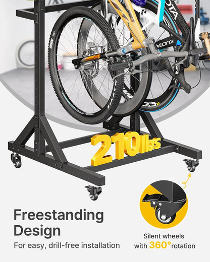 monTEK Freestanding Bike Stand for 3 Bikes & 4 Helmets, Heavy Duty Steel Bike Stroage Rack with Wheels, Adjustable Height, Mobile Bike Floor Stand for Indoor & Garage, Holds up to 95kg
