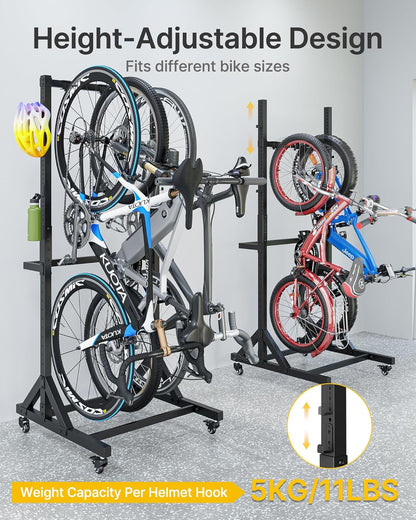 monTEK Freestanding Bike Stand for 3 Bikes & 4 Helmets, Heavy Duty Steel Bike Stroage Rack with Wheels, Adjustable Height, Mobile Bike Floor Stand for Indoor & Garage, Holds up to 95kg