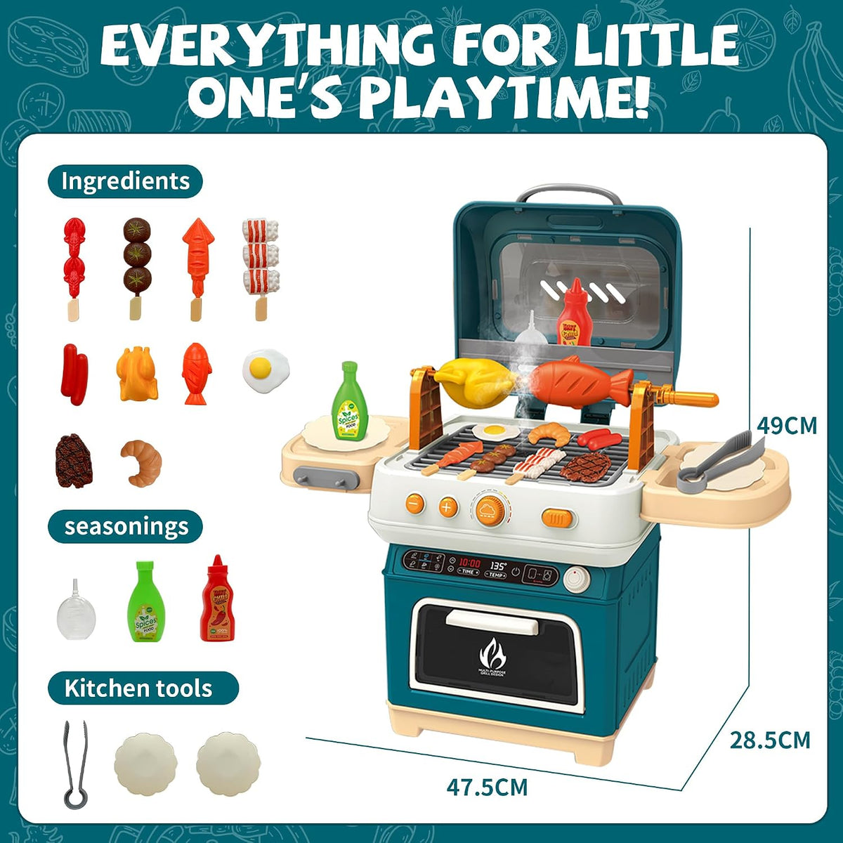 BLUE Kids BBQ Grill Playset, Toys BBQ Set for Kids, Play Kitchen Set with Accessorie & Realistic Smoke/Sound/Light Play Toys