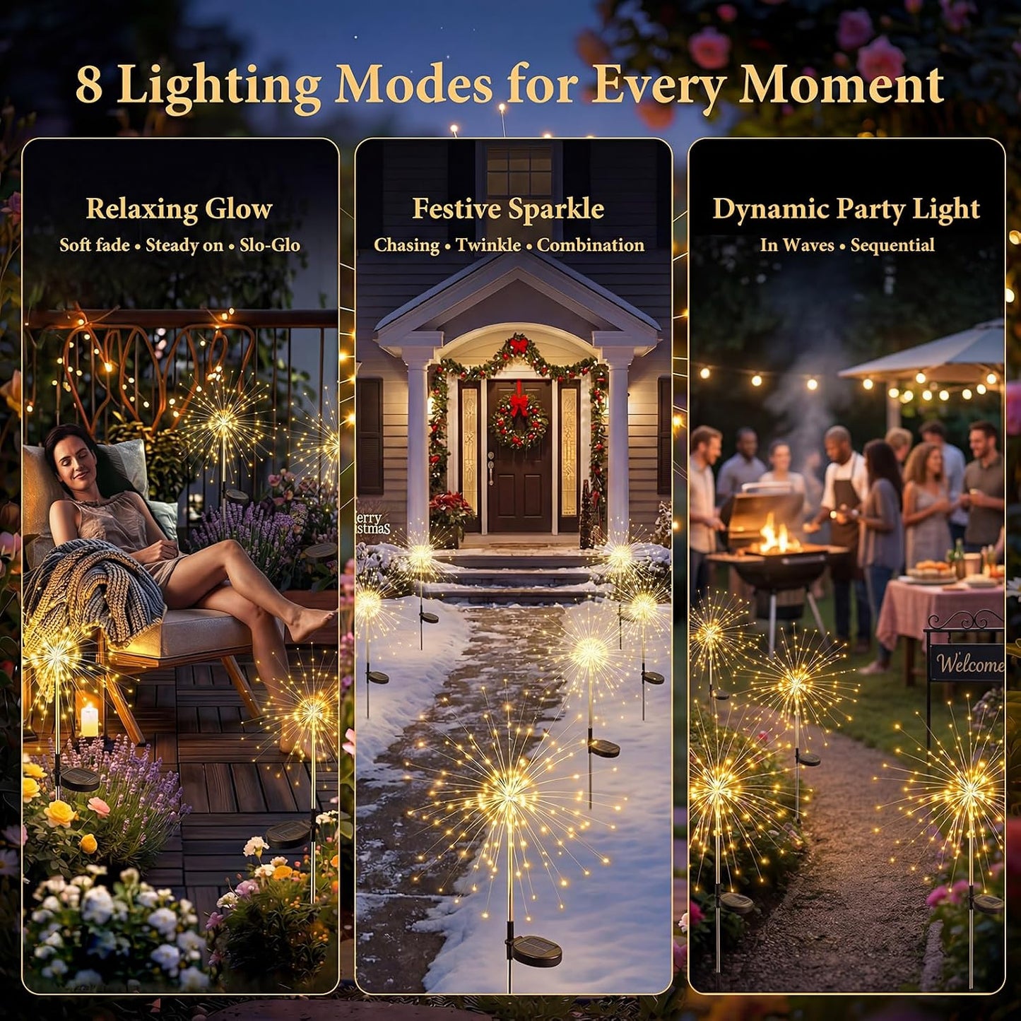 Solar Firework Lights Outdoor 3 Pack, 120LED Solar Starburst Garden Lights with 8 Modes, Waterproof Decorative Lights for Backyard, Garden, Patio & Lawn Landscape Decor-Warm White