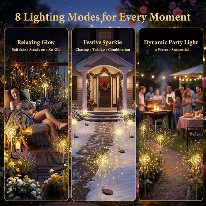 Solar Firework Lights Outdoor 3 Pack, 120LED Solar Starburst Garden Lights with 8 Modes, Waterproof Decorative Lights for Backyard, Garden, Patio & Lawn Landscape Decor-Warm White