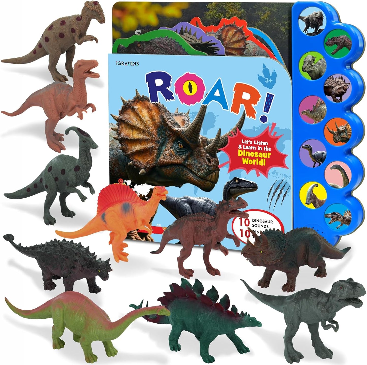 Dinosaur Toys with Sounds Book, 10PCS Dino Figures for Toddlers & Animal Sounds Book with 10 Buttons, Realistic Plastic Animal Figures, Dinosaur Toys for Kids 3-5, Gifts for Dinosaurs Lover