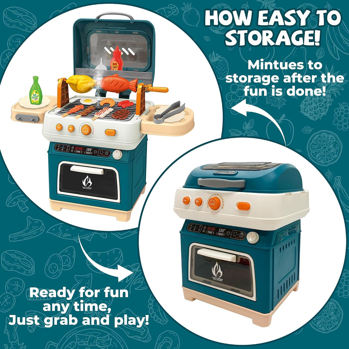 BLUE Kids BBQ Grill Playset, Toys BBQ Set for Kids, Play Kitchen Set with Accessorie & Realistic Smoke/Sound/Light Play Toys