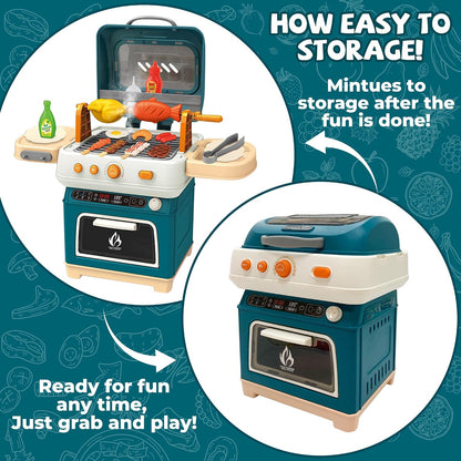 BLUE Kids BBQ Grill Playset, Toys BBQ Set for Kids, Play Kitchen Set with Accessorie & Realistic Smoke/Sound/Light Play Toys