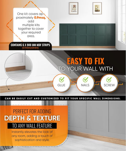 Home Treats Wall Panelling Kit Shaker Style 3D Panel Kit | Paintable MDF Wood Wall Mounting Slats Extending 6 Slats 90 x 9.7 x 0.9 cm