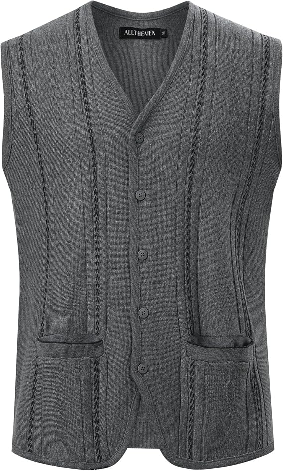 Allthemen Mens Knit Gilets Sleeveless Cardigan V-Neck Waistcoat (XL)