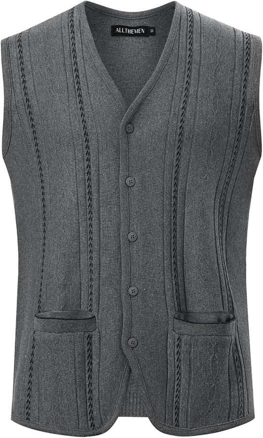 Allthemen Mens Knit Gilets Sleeveless Cardigan V-Neck Waistcoat (XL)