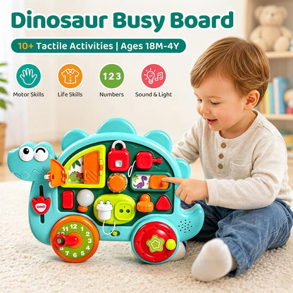 Montessori Dinosaur Busy Board with Music & Light for Toddlers 1 Year Old