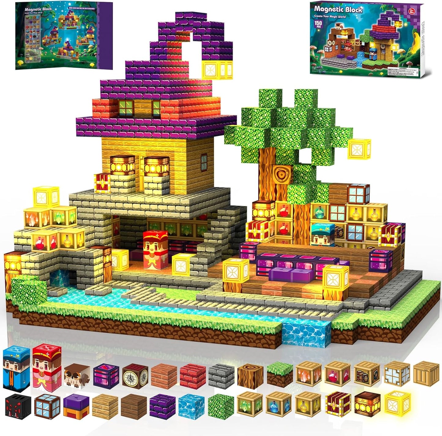150pcs Magnetic Blocks - Magnetic School Castle Set with Light Up Blocks - Kids Classroom Sensory Toy for Toddlers STEM, Construction Stacking Toy Kids 3+ Boys Girls Christmas Birthday Gifts