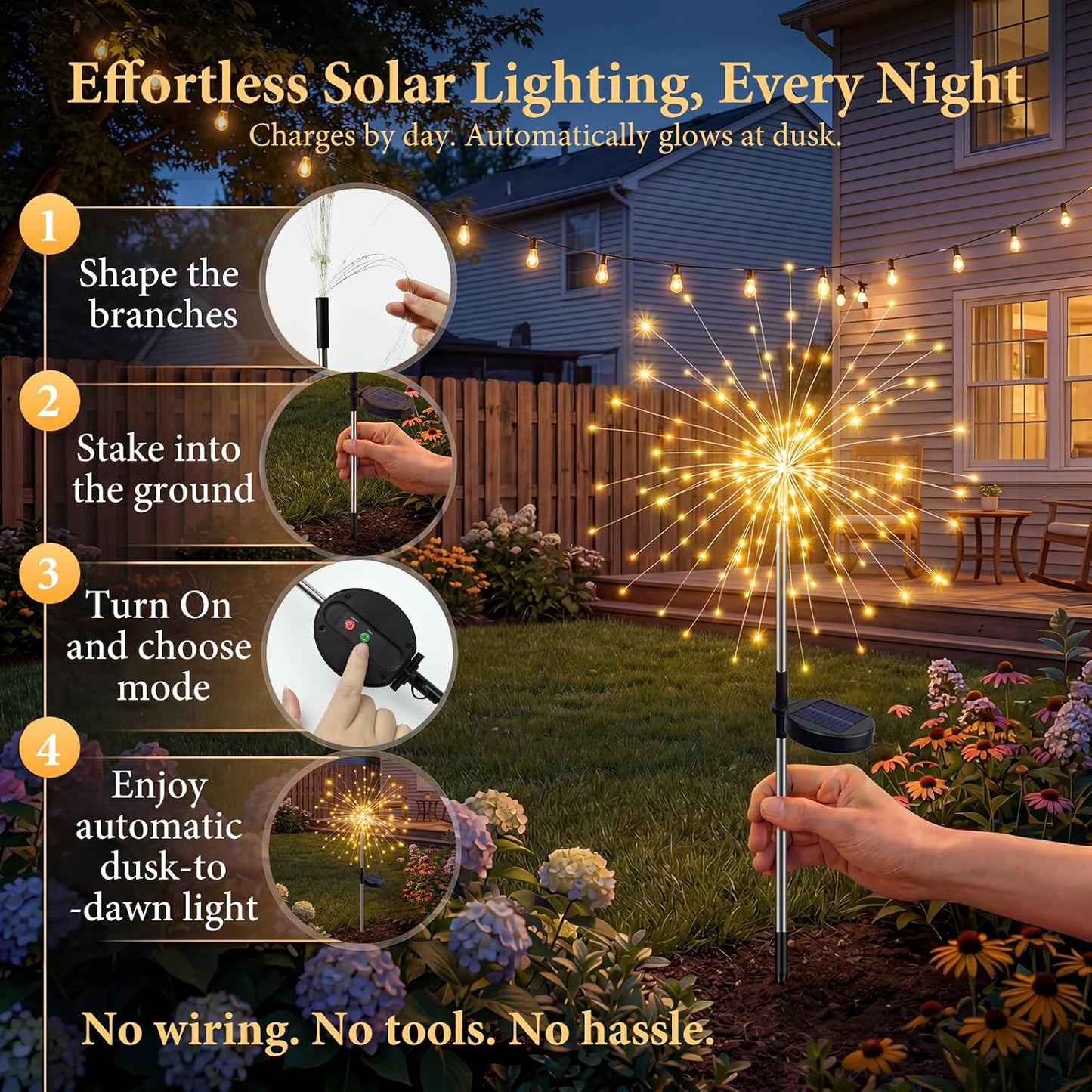 Solar Firework Lights Outdoor 3 Pack, 120LED Solar Starburst Garden Lights with 8 Modes, Waterproof Decorative Lights for Backyard, Garden, Patio & Lawn Landscape Decor-Warm White