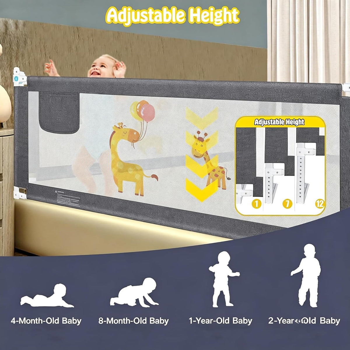 1.5M Bed Guard Bed Rails for Toddler Baby Bed Side Safety Rails for Children Kids, Extra Tall Bed Guard Rail for Single Double King Size Bed, Adjustable Height