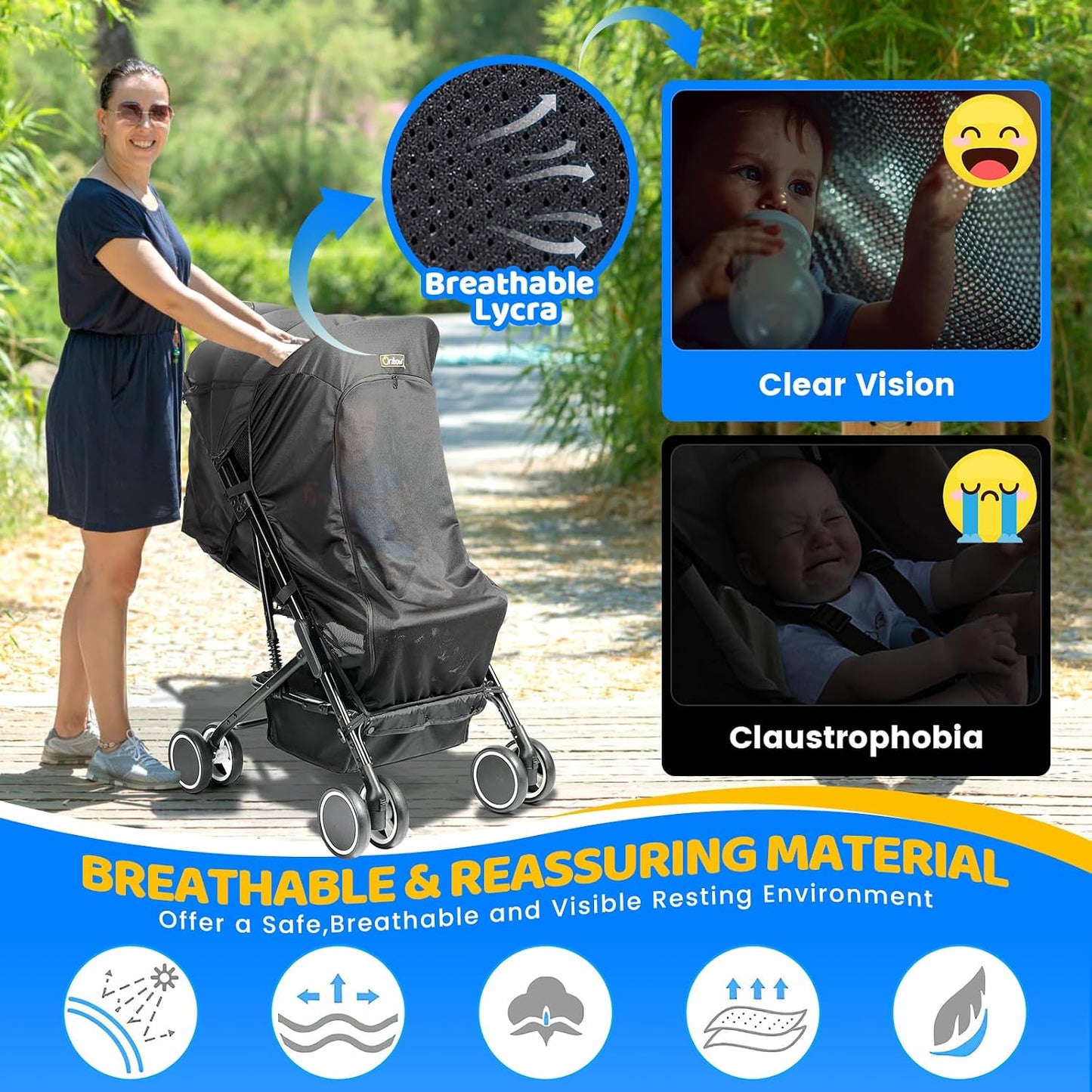 Orzbow Universal Pram Sun Shade, Sun Shade for Pram with Zip Window, Black | Breathable Stroller Sun Shade with PES Woven Fabric, Blackout Blind Pushchair Sun Shade Cover
