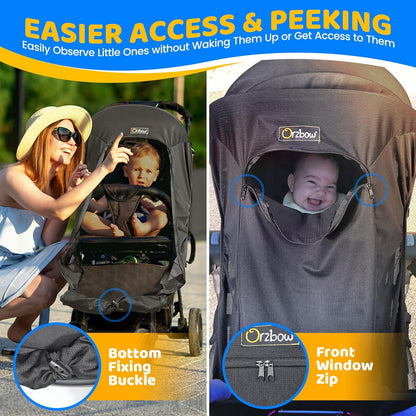 Orzbow Universal Pram Sun Shade, Sun Shade for Pram with Zip Window, Black | Breathable Stroller Sun Shade with PES Woven Fabric, Blackout Blind Pushchair Sun Shade Cover