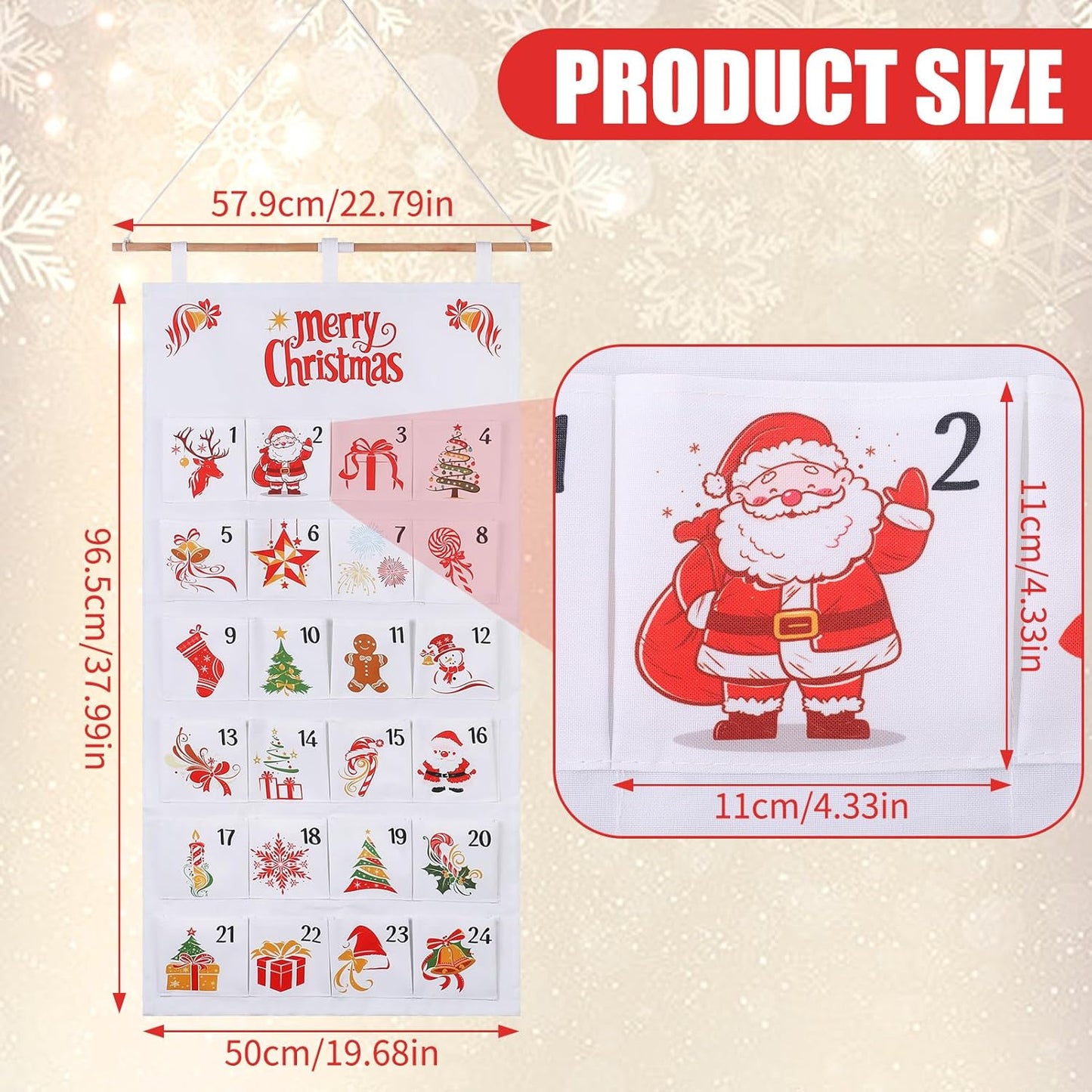 Christmas Advent Calendar, 2026 Fabric Hanging Christmas Advent Calendar with 24 Pockets, for Wall Door Decoration, Holiday Countdown