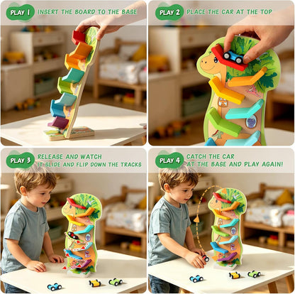 Dinosaur Wooden Car Ramp with 4 Mini Cars - Toys for 1 2 3 Year Olds Boys