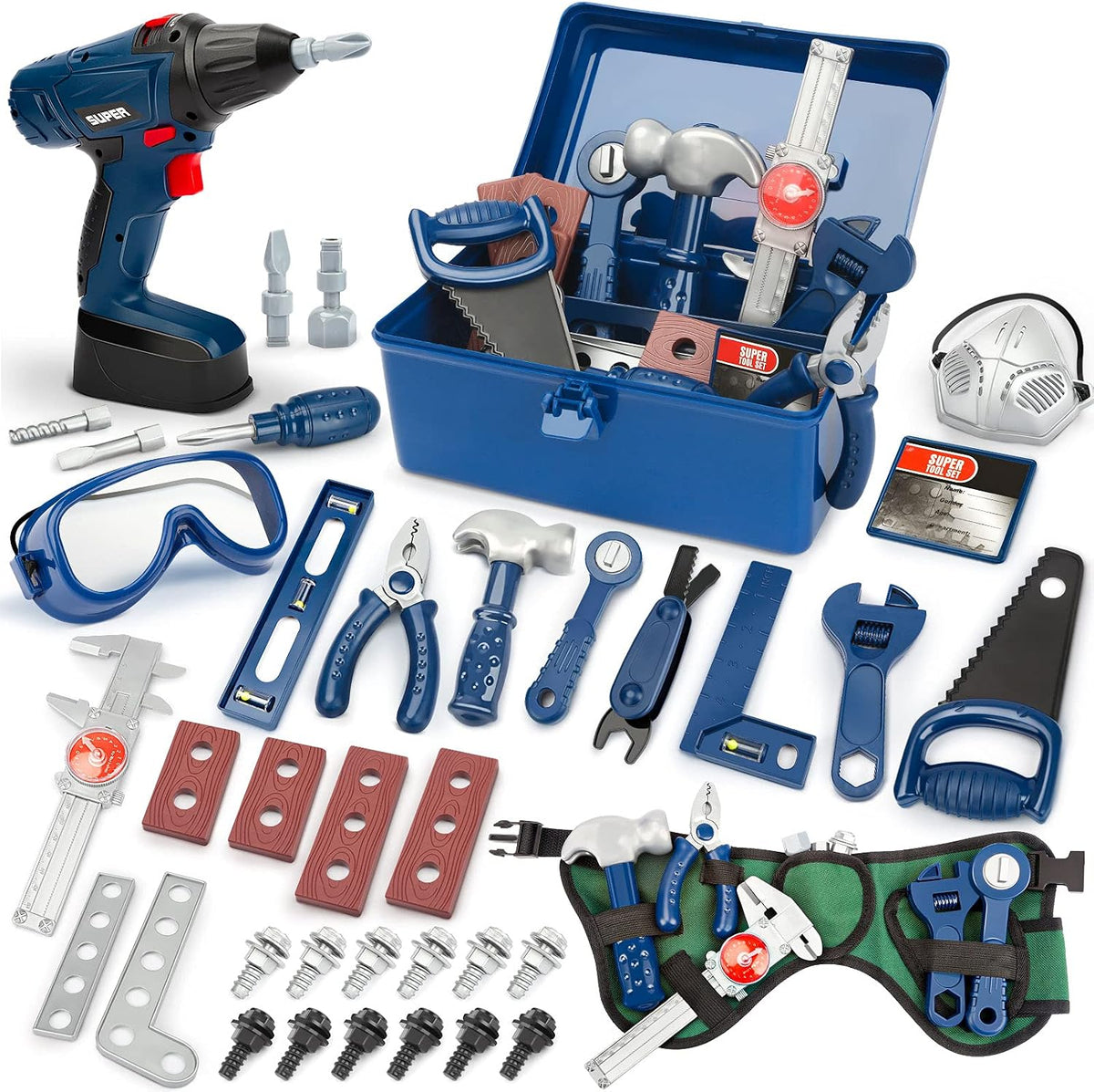 Vanplay Kids Toys Kids Tool Set Pretend Play Tools Kit with Electronic Toy Drill Tool Belt Toys for 3 4 5 6 Year Old Boys Girls (dark blue, 52 PCS)