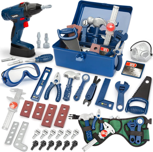 Vanplay Kids Toys Kids Tool Set Pretend Play Tools Kit with Electronic Toy Drill Tool Belt Toys for 3 4 5 6 Year Old Boys Girls (dark blue, 52 PCS)
