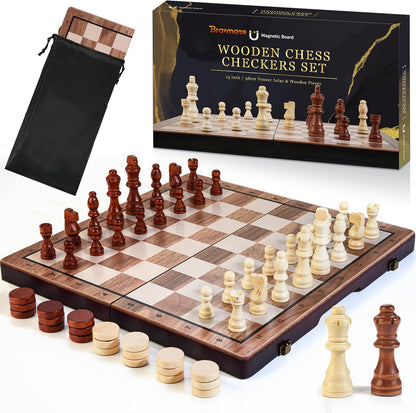 2 in 1 Magnetic Wooden Chess Set & Checkers Board Game