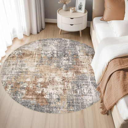 DMOYEST Round Rugs Living Room 135x135cm Washable Abstract Grey Brown