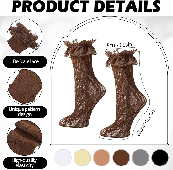 Zuimei 6 Pairs Womens Ruffle Socks,Lace Ruffle Socks,Womens Cotton Cute Ankle Sock for Girls Lolita Princess Accessories (White+dark brown+gray+beige+light brown+black)
