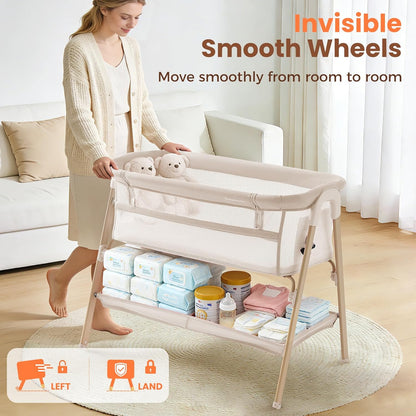 Next to Me Crib, 3 in 1 Baby Beside Crib for Babies from Birth to 9kg, Portable Travel Cot Bed with Wheels, Storage, Mosquito Net and Mattress Baby Co-Sleeper for Newborn Infant Beige