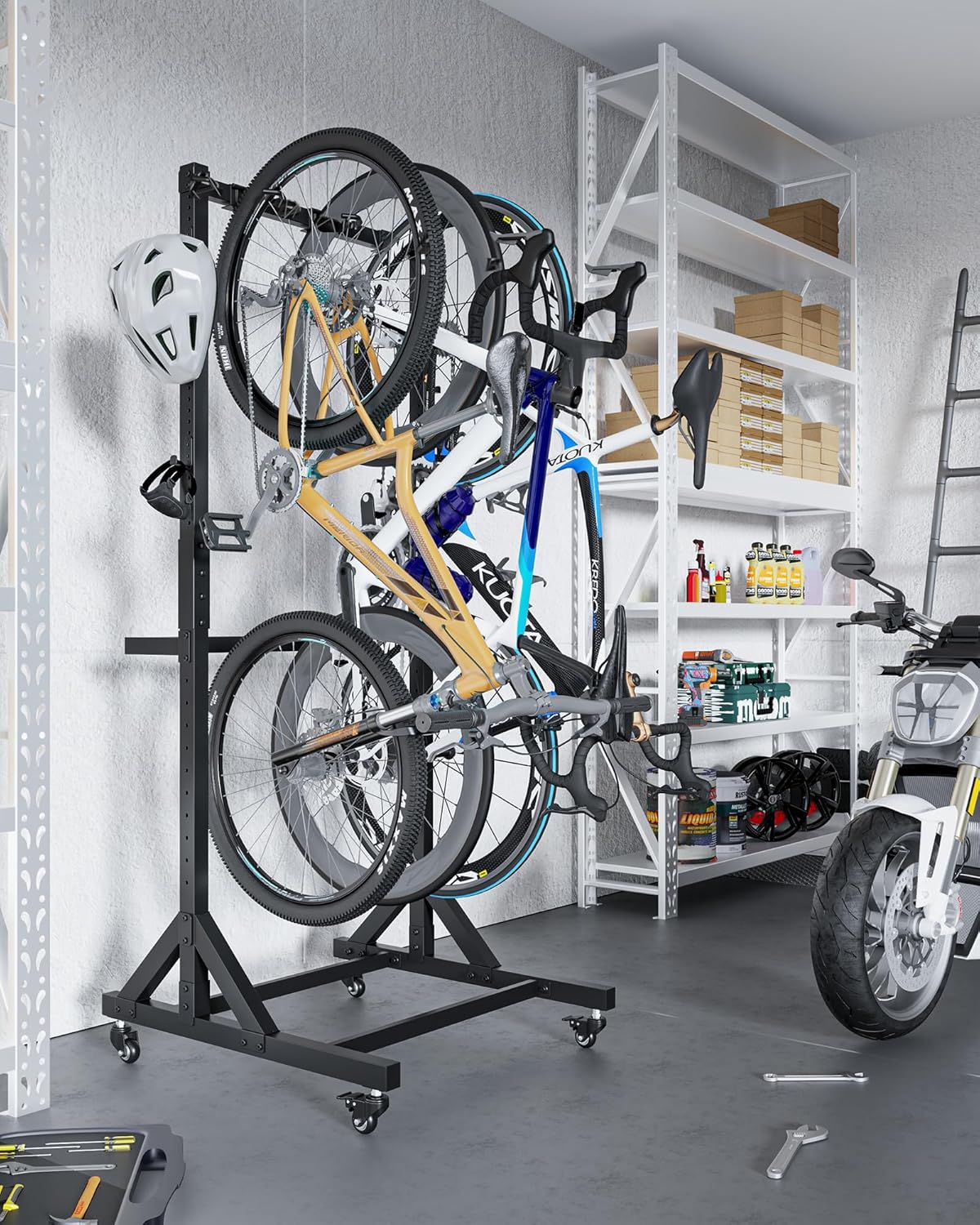 monTEK Freestanding Bike Stand for 3 Bikes & 4 Helmets, Heavy Duty Steel Bike Stroage Rack with Wheels, Adjustable Height, Mobile Bike Floor Stand for Indoor & Garage, Holds up to 95kg