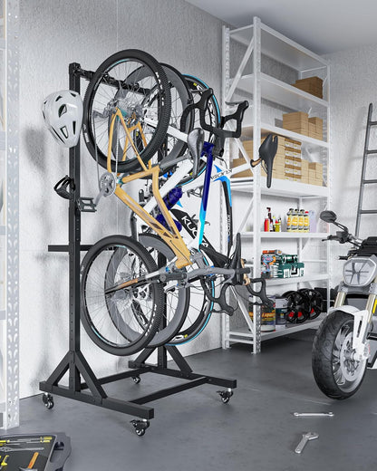 monTEK Freestanding Bike Stand for 3 Bikes & 4 Helmets, Heavy Duty Steel Bike Stroage Rack with Wheels, Adjustable Height, Mobile Bike Floor Stand for Indoor & Garage, Holds up to 95kg