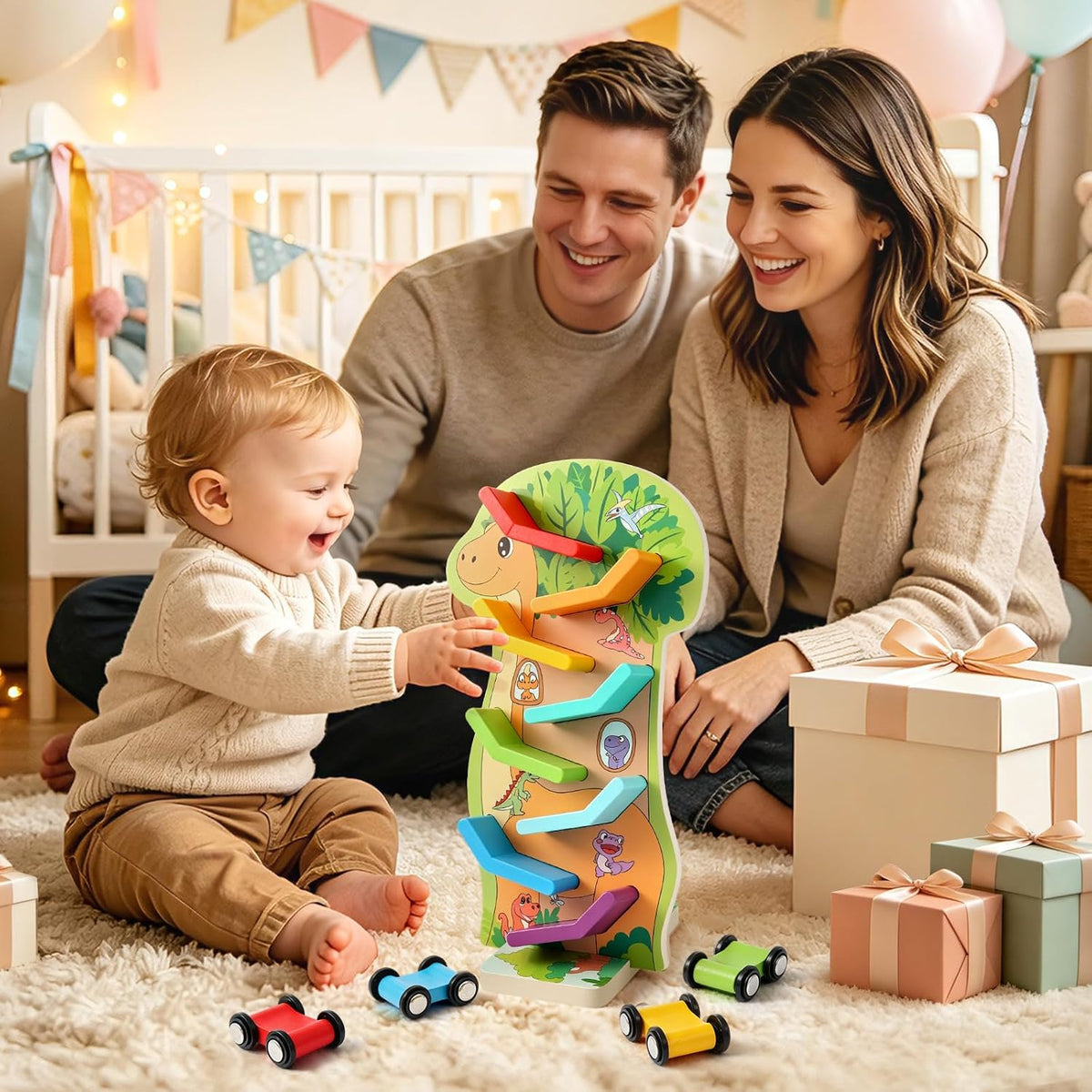 Dinosaur Wooden Car Ramp with 4 Mini Cars - Toys for 1 2 3 Year Olds Boys