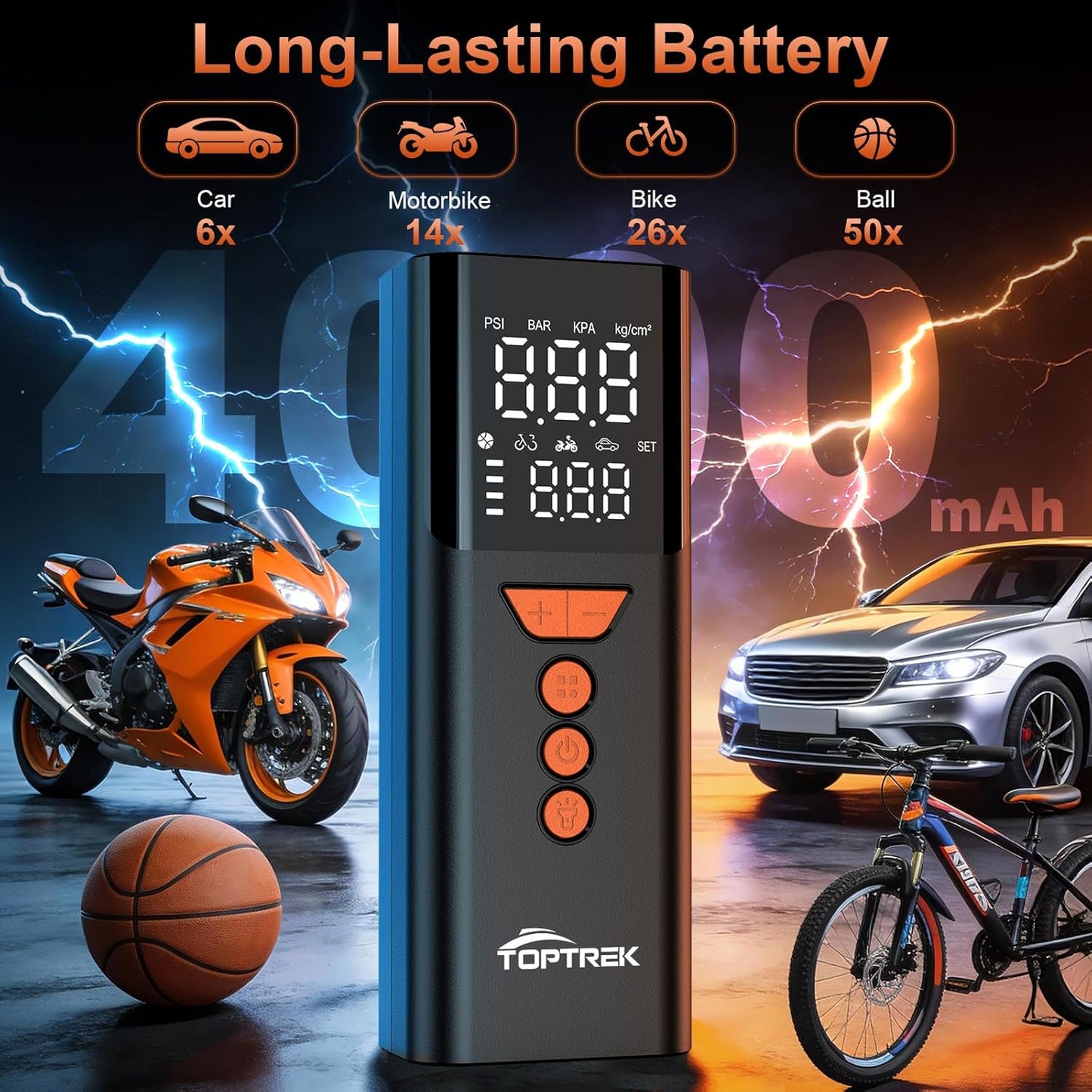 toptrek Cordless Tyre Inflator Air Compressor, 150 PSI Portable Electric Tyre Pump with Preset Value, Auto Shutoff & LED Light, 4000mAh Digital Air Pump with Power Bank for Car/Motorcycle/Bike/Ball
