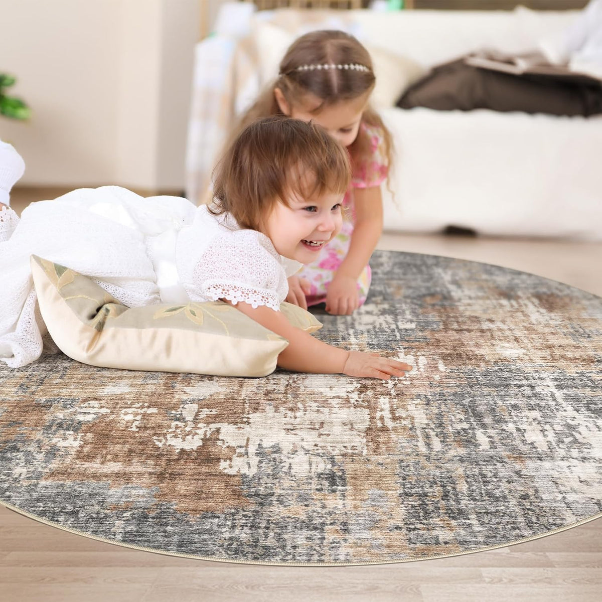 DMOYEST Round Rugs Living Room 135x135cm Washable Abstract Grey Brown