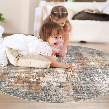 DMOYEST Round Rugs Living Room 135x135cm Washable Abstract Grey Brown