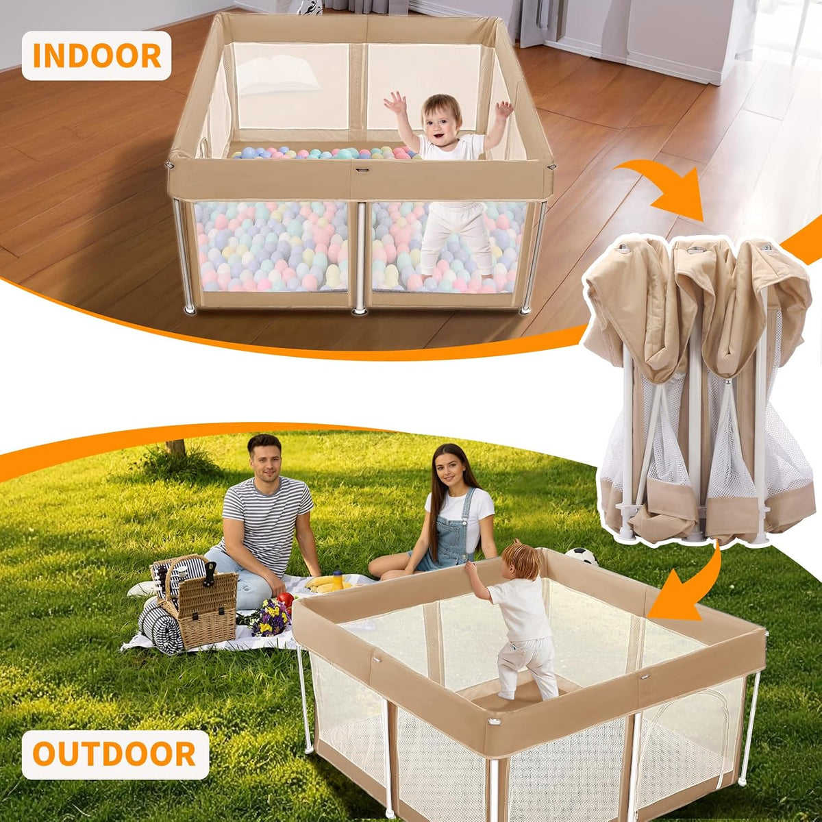 cosyumhy 127 x 127 cm Foldable Baby Playpen, Portable Playpen with Door, Indoor/Outdoor Activity Center for Infants,Khaki