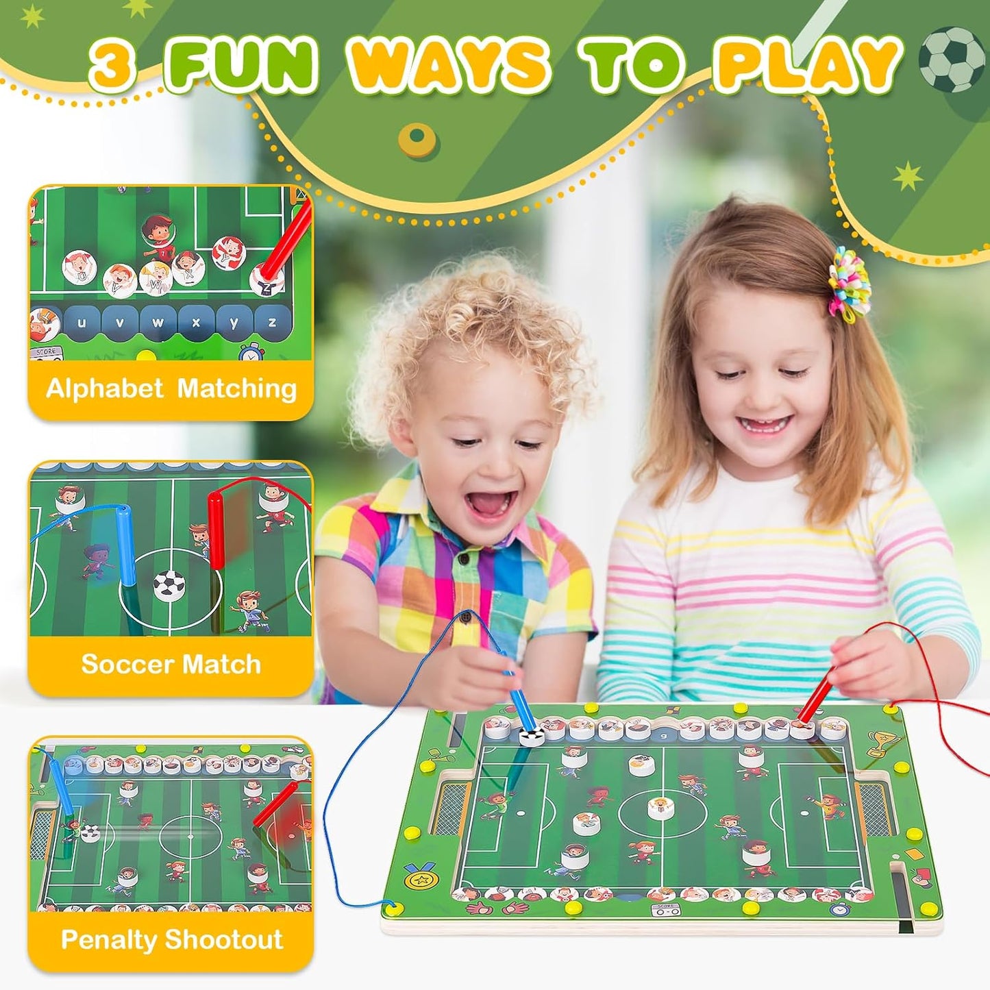 Children enjoying the Montessori magnetic football alphabet puzzle with three fun ways to play activities
