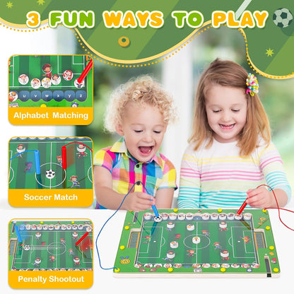 Children enjoying the Montessori magnetic football alphabet puzzle with three fun ways to play activities