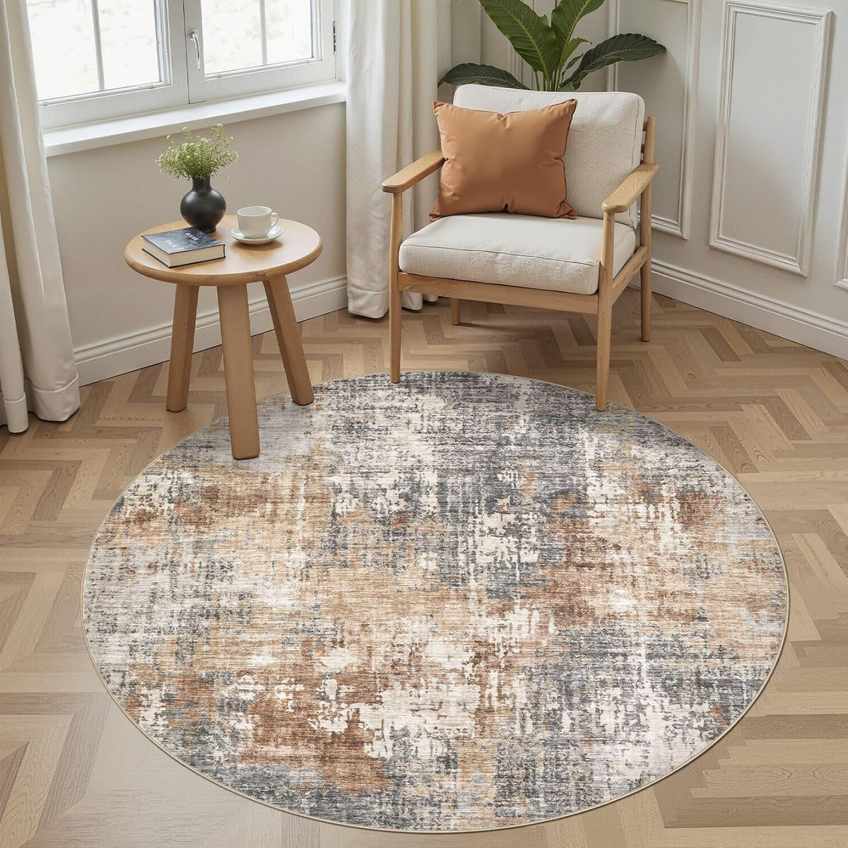 DMOYEST Round Rugs Living Room 135x135cm Washable Abstract Grey Brown