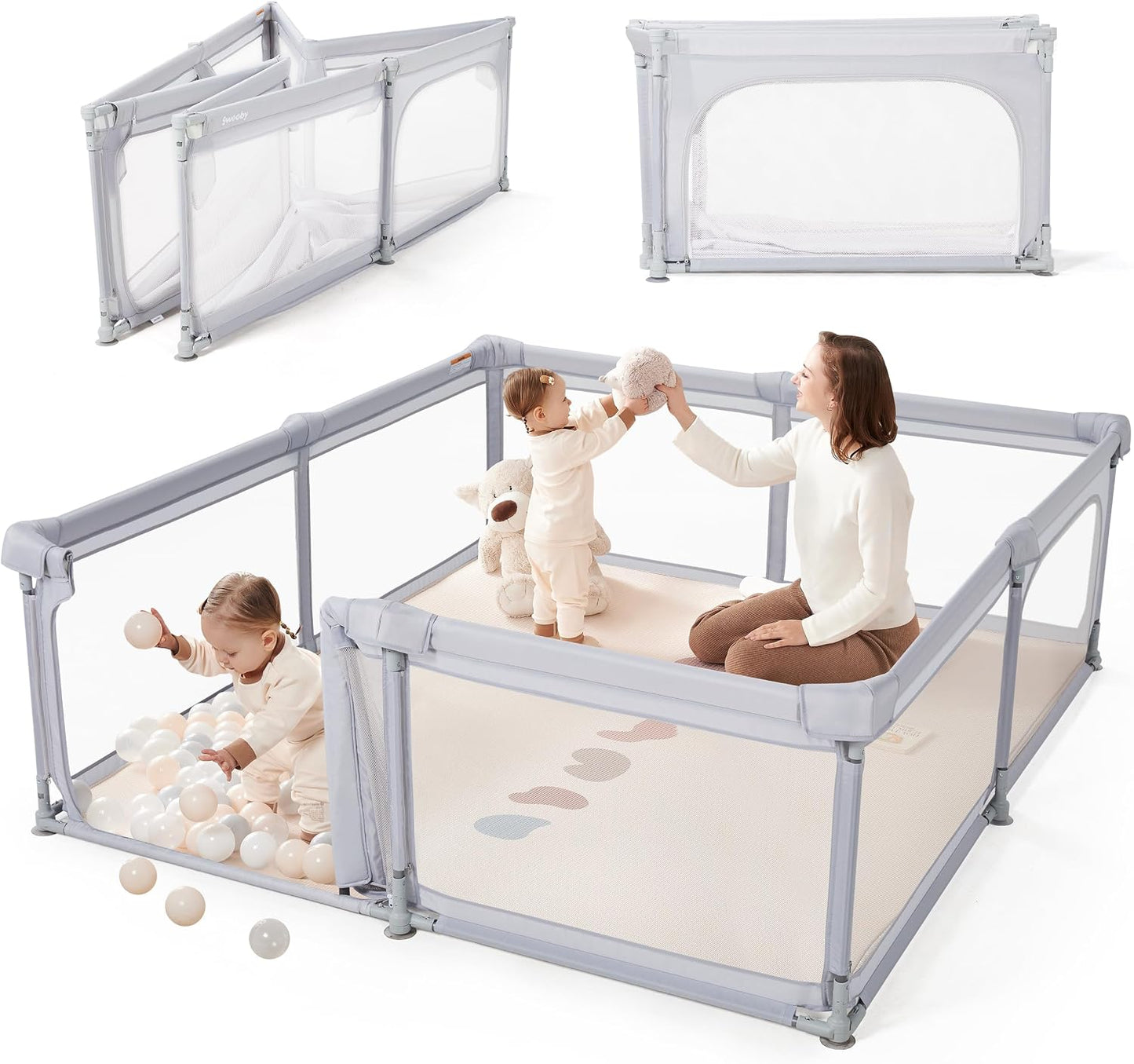 Sweeby Baby Playpen, 150 x 150 cm Foldable Play Yard with Door, Grey