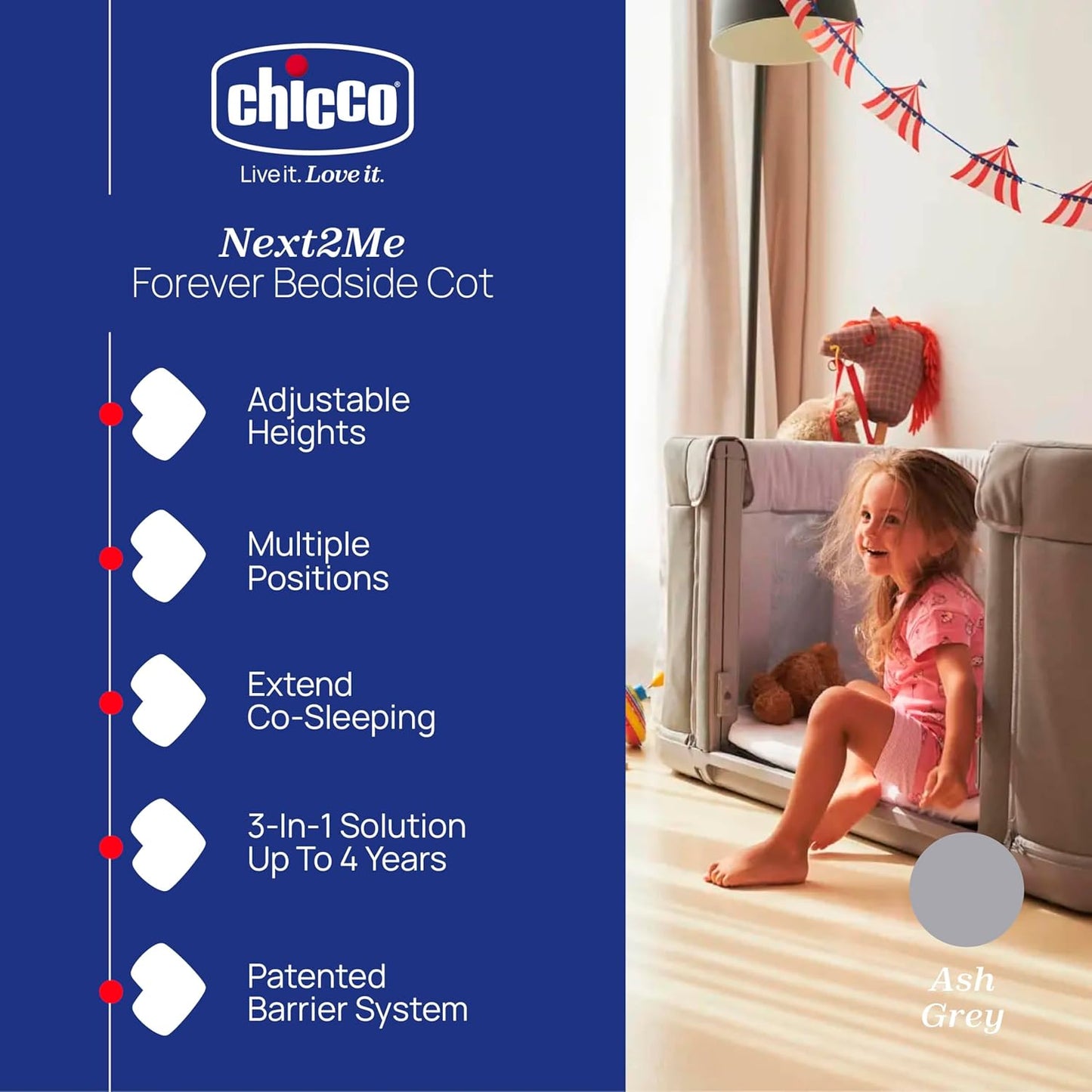 Chicco Next2Me Forever Co-Sleeping Crib and Cot - Suitable from Birth up to 4 Years - 11 Adjustable Height Positions - Air Flow