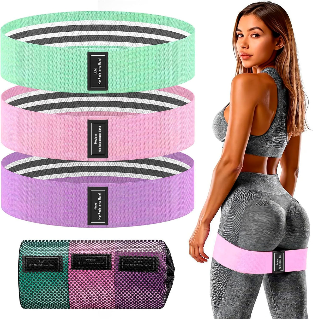 Wide Fabric Resistance Bands for Working Out | 3 Strength Level Non-Slip Exercise Booty Bands for Women & Men | Comes with a Bag and Tape Measure