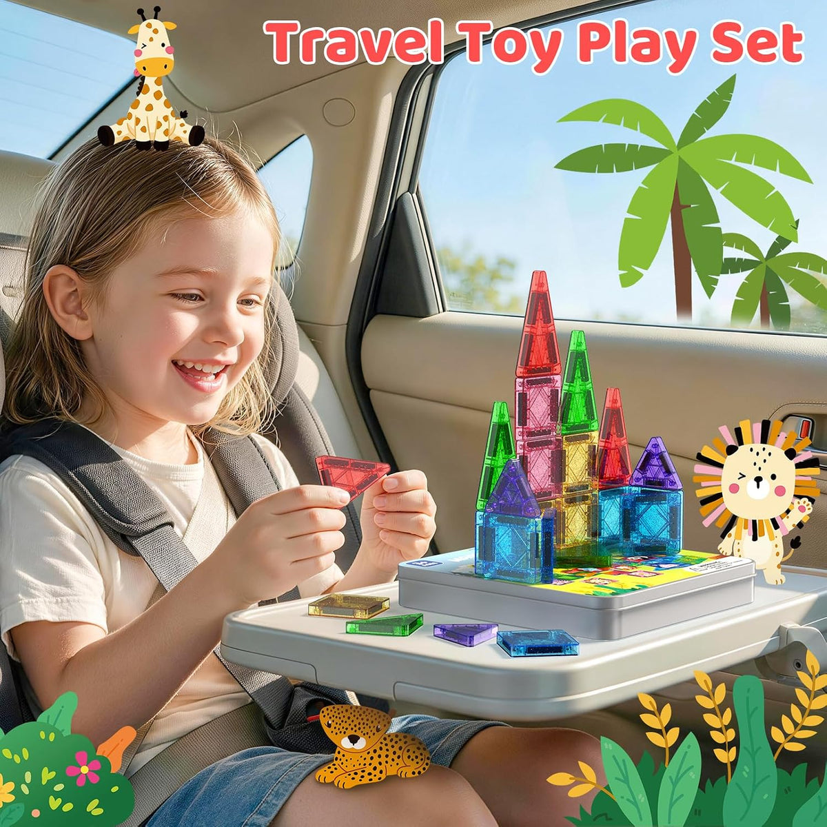 ACELIFE Magnetic Tiles 60Pcs, Animal Jungle Magnetic Travel Toy for Kids, Montessori Portable STEM Mini Magnetic Tiles Travel Set Birthday Gift for Boys Girls Ages 3-8