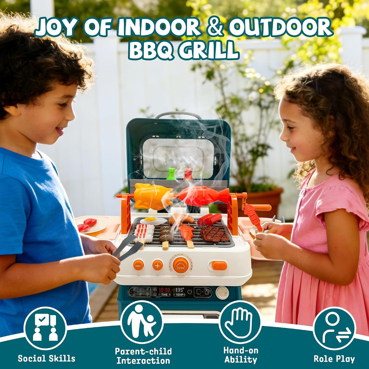 BLUE Kids BBQ Grill Playset, Toys BBQ Set for Kids, Play Kitchen Set with Accessorie & Realistic Smoke/Sound/Light Play Toys