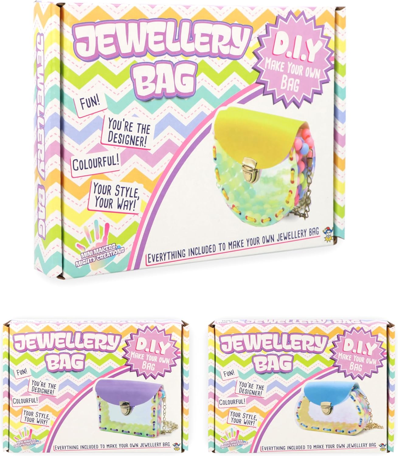 HENBRANDT 3 x DIY Jewellery Bag Craft Kits 3 Assorted Designs - Kids Creative Make Your Own Personalised Accessory Bag Fun Craft Activity Set Children