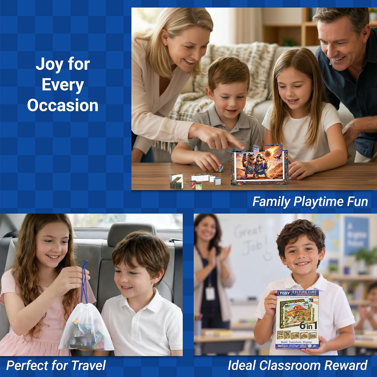 TOSY Picture Cube Life with Dinos: 6-in-1 Magnetic Picture Puzzle, 80 Blocks, 480 Puzzle Faces, 0.63 in, B023, Seamless UV Art, Display-Ready Frame, Collectible, STEM/STEAM Gift for Kids & Adults