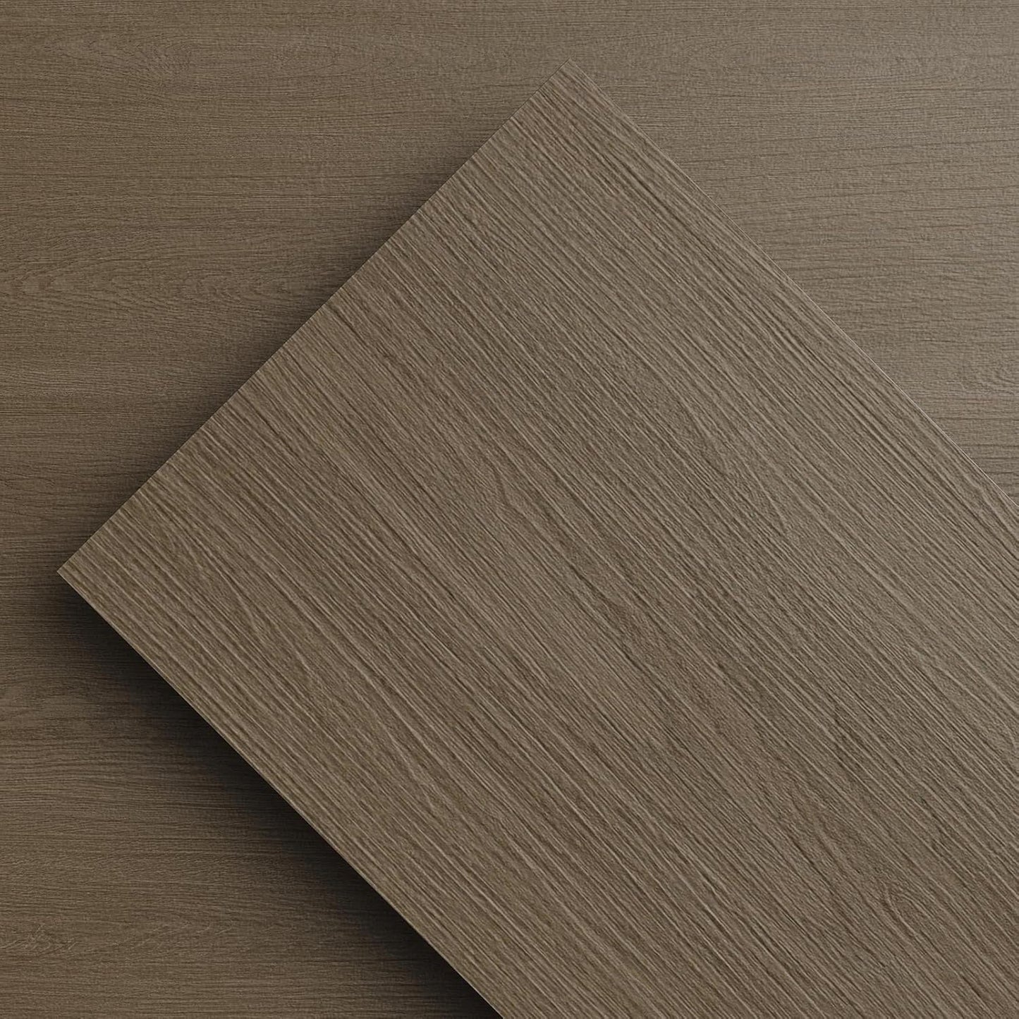 ATOPOSE peel and stick wood effect flooring sample in a rich brown finish for easy home renovation