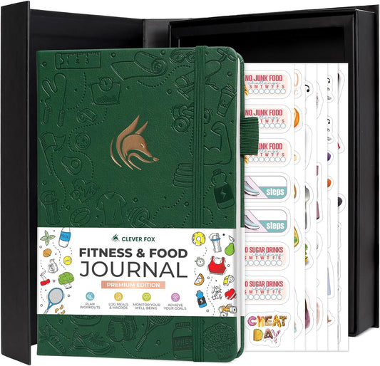 Clever Fox Fitness and Food Journal Premium – Guided Daily Workout, Meal & Weight Loss Tracker for Women & Men – Exercise Diet Planner (Forest Green)