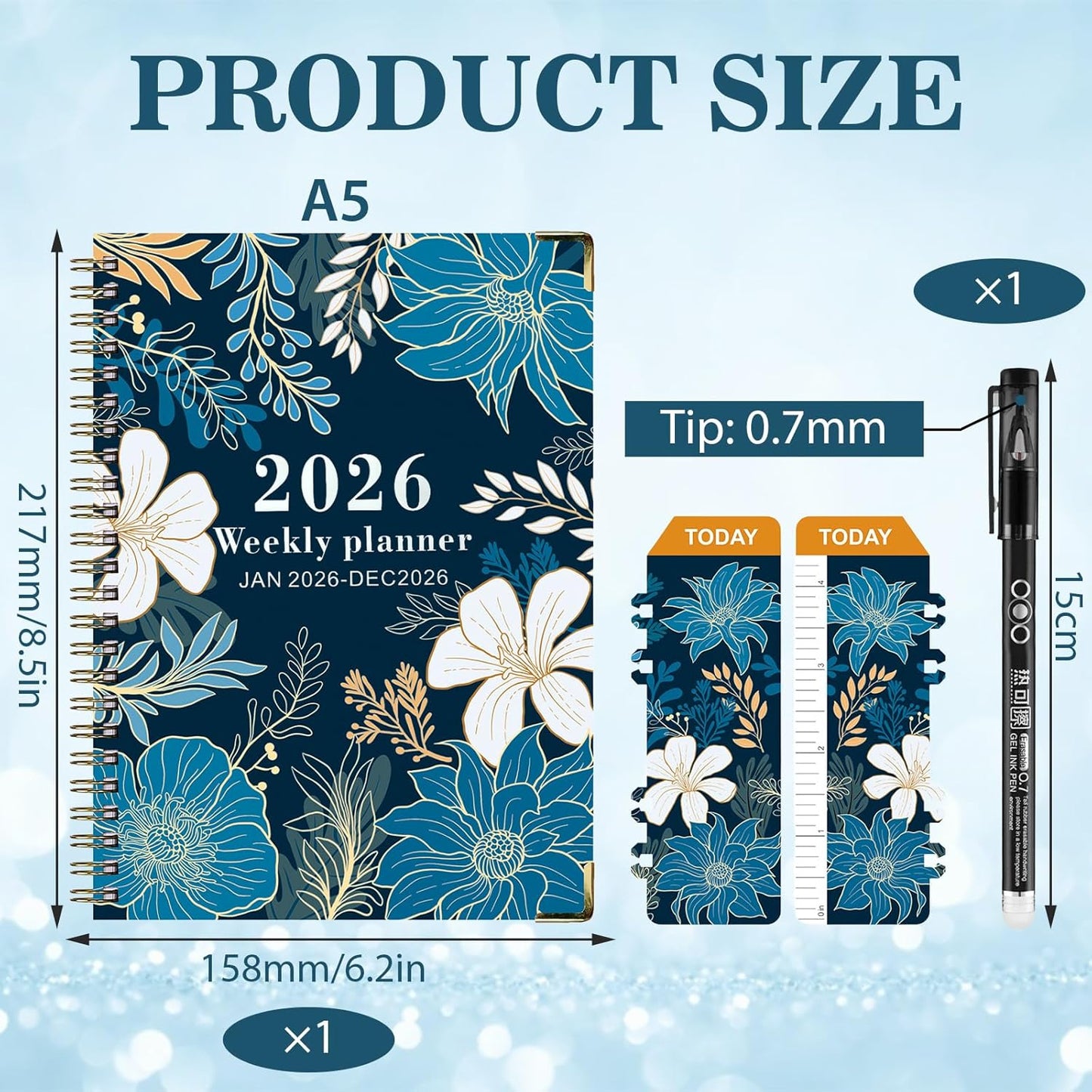 Diary 2026 Week to View A5, January 2026 - December 2026, Weekly & Monthly Full Year Planner, 21.5 x 15.5 x 1.5 cm