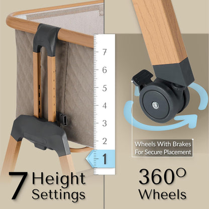 SnooBee Next To Me Bedside Crib & Baby Co-Sleeper – 6 Height Levels, Wheels, Quilted Mattress, Breathable Mesh Sides with Mosquito Net, Foldable Baby Cot with Carry Bag (0–6 Months) - Khaki/Pine