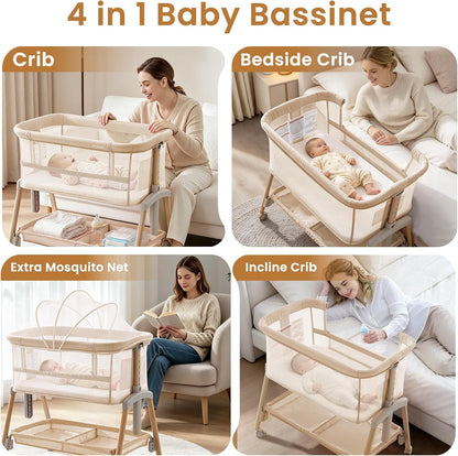Next To Me Crib – Adjustable Baby Bed with Dropside, Premium Mattress, Breathable Mesh & Storage Shelf - No-Tool Assembly Bedside Baby Crib, Bassinet for Newborns 0–6 Months (Beige)